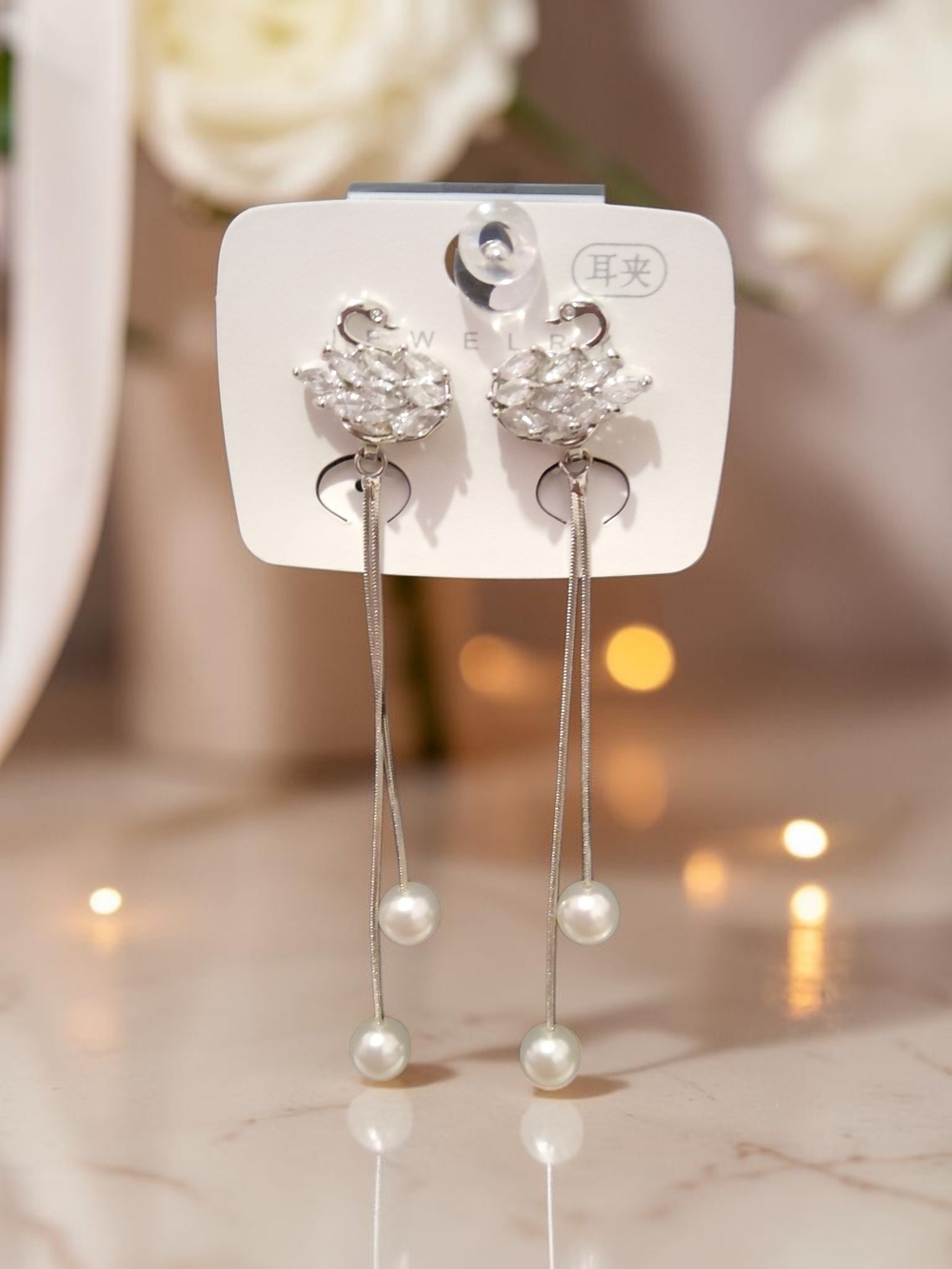 Elegant  Silver Pearl Drop Swan Clip On  Earrings